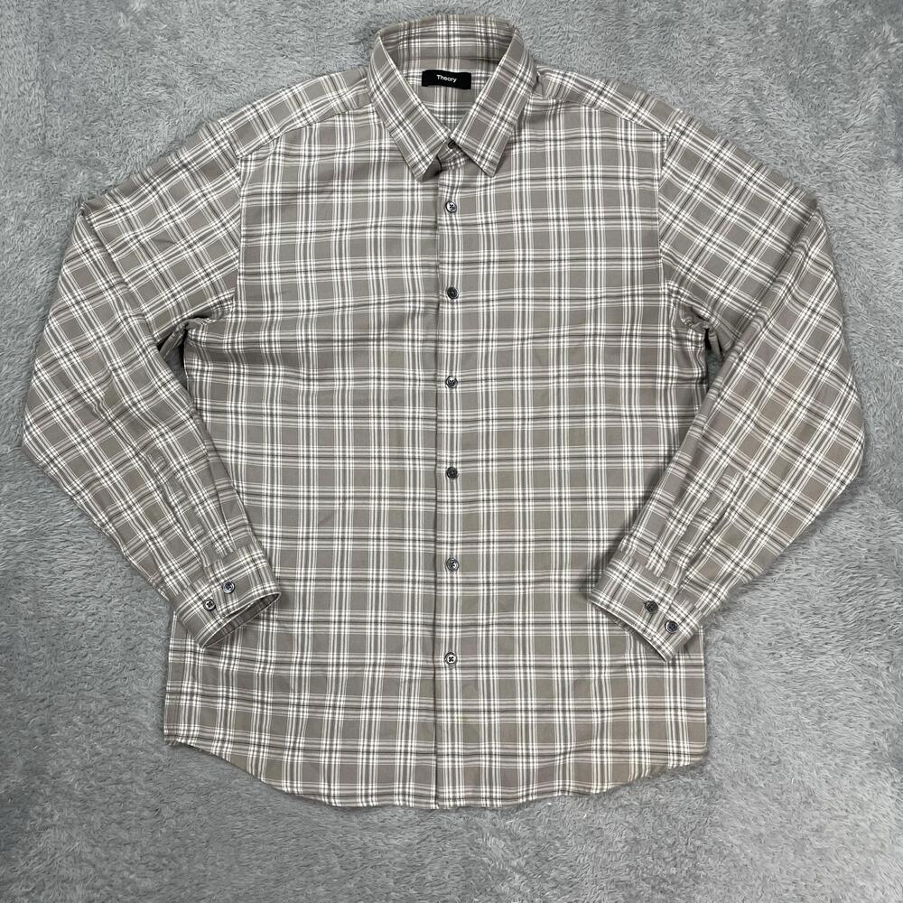 Theory Irving Shirt Men Small Gray Check Flannel Cotton Long Sleeve Button Front